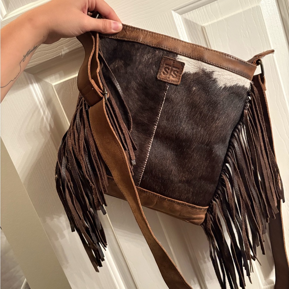STS Ranchwear Brown & White Hair-On Hide Fringe Crossbody Bag